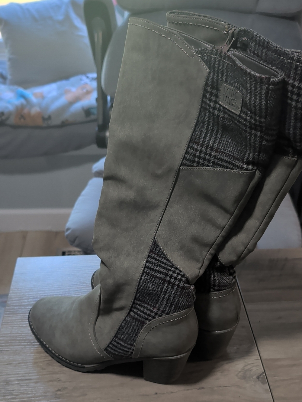 Gray Knee-High Boots with Plaid Panels